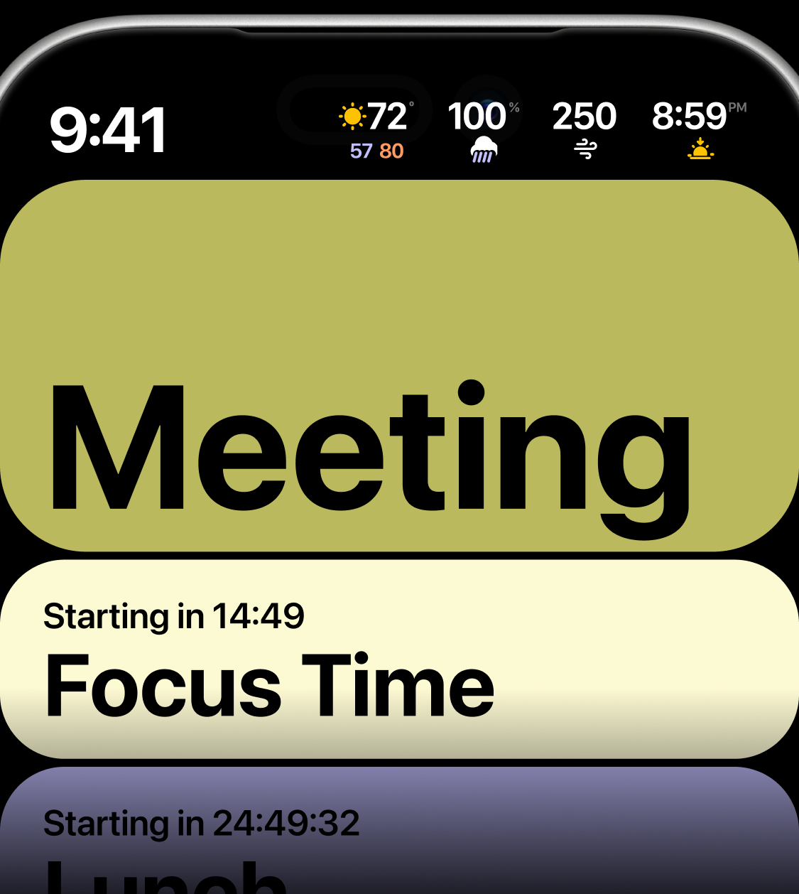 Glance calendar interface showing upcoming events in a card stack